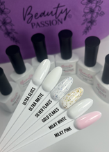 Charger l'image dans la galerie, Pack complet de 6 flacons de Top Coats 10ml Beauty Passion : Ultra Gloss, Matte, Milky White, Milky Pink, Gold et Silver Flakes pour manucure professionnelle.