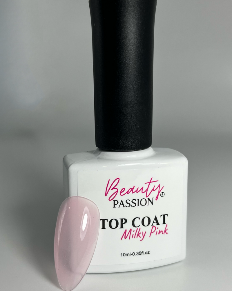 Flacon de Top Coat brillant Milky Pink finition rose laiteux pour vernis semi-permanent.