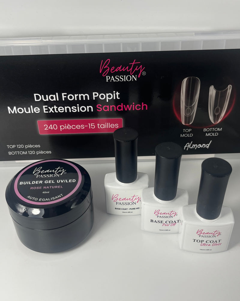 Kit complet rallongement ongles gel avec Popits Sandwich Beauty Passion pour extension facile forme amande.