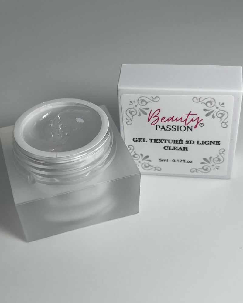 Gel 3D Ligne Clear Beauty Passion France - pot de 5ml de gel de décoration transparent haute densité pour nail art en relief.