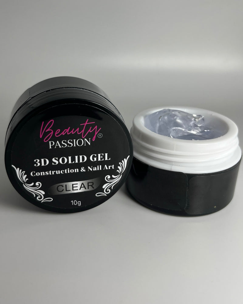 Pot de Solid Gel 3D Clear de Beauty Passion, gel de construction transparent ultra dense pour nail art en relief et extensions d'ongles. Texture solide modelable à la main pour création de motifs 3D et effets chromés.