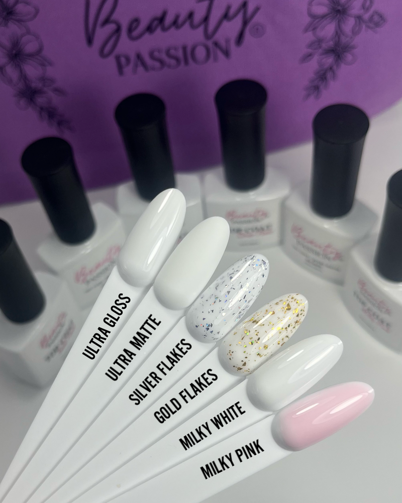 Pack complet de 6 flacons de Top Coats 10ml Beauty Passion : Ultra Gloss, Matte, Milky White, Milky Pink, Gold et Silver Flakes pour manucure professionnelle.