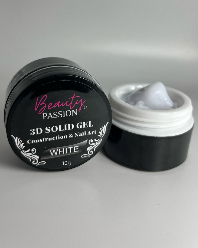 Solid Gel 3D White de Beauty Passion, gel solide blanc laiteux effet porcelaine pour nail art de mariage. Pâte de sculpture 3D non collante pour créer des fleurs blanches en relief et des French 3D.